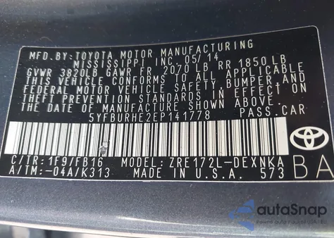 2014 Toyota Corolla Le из США, поврежденный, VIN 5YFBURHE2EP141778